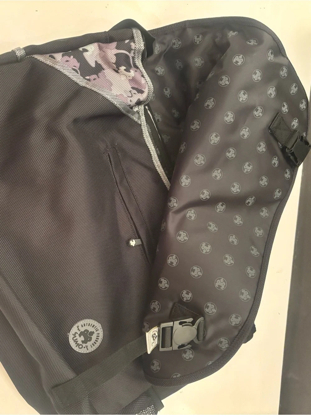 Large Black Messenger Bag with Purple Camo Accent
